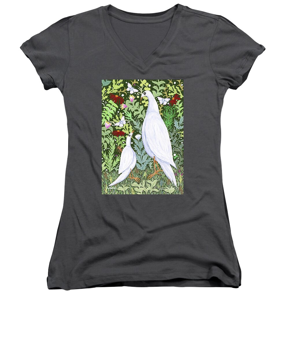 Lise Winne Women's V-Neck featuring the painting Sapientes Pacis Birds by Lise Winne