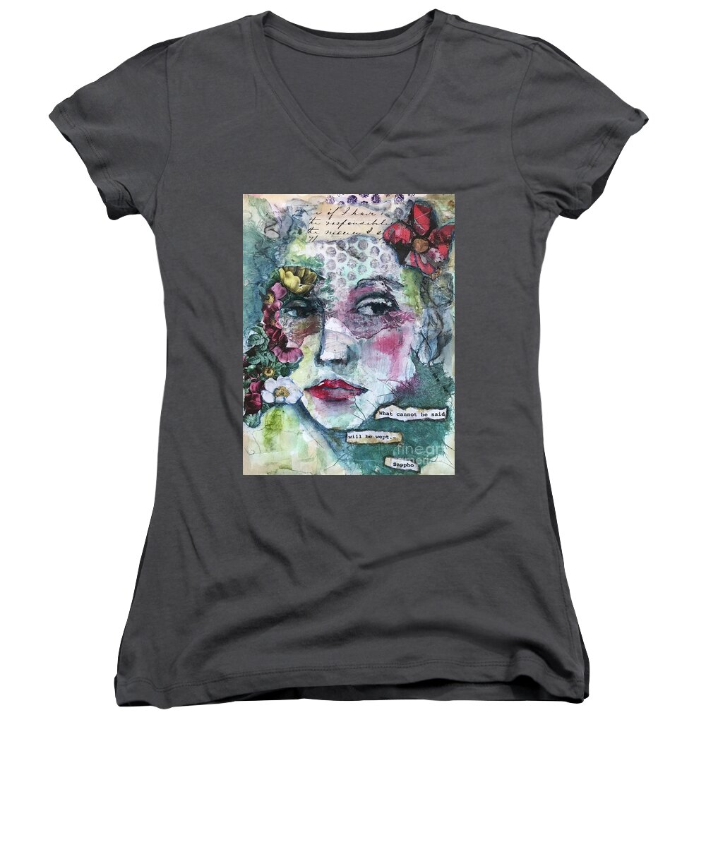 Mixed Media Women's V-Neck featuring the painting Sappho's Quote by Diane Fujimoto