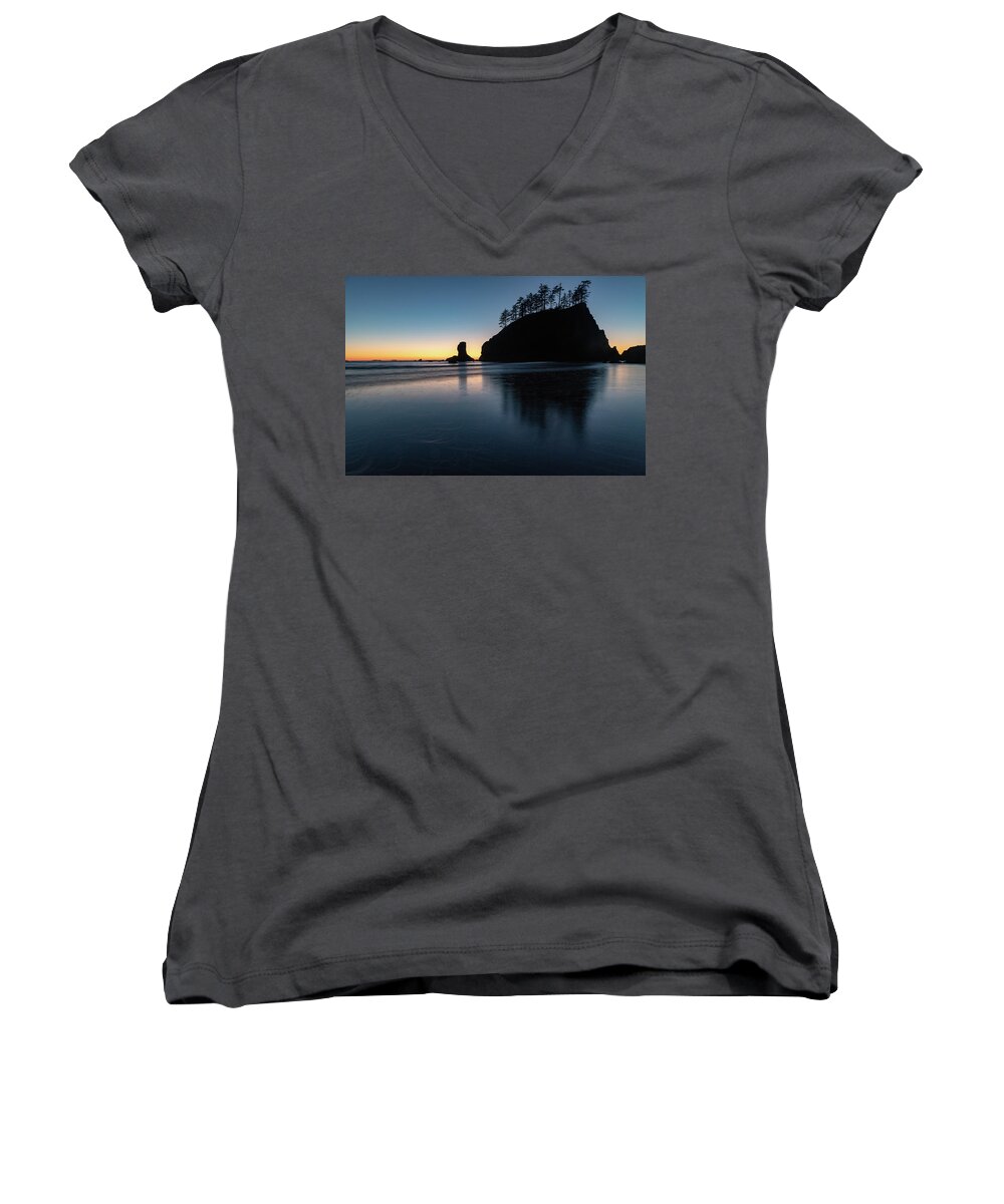 Background Women's V-Neck featuring the photograph Sea Stack Silhouette by Ed Clark