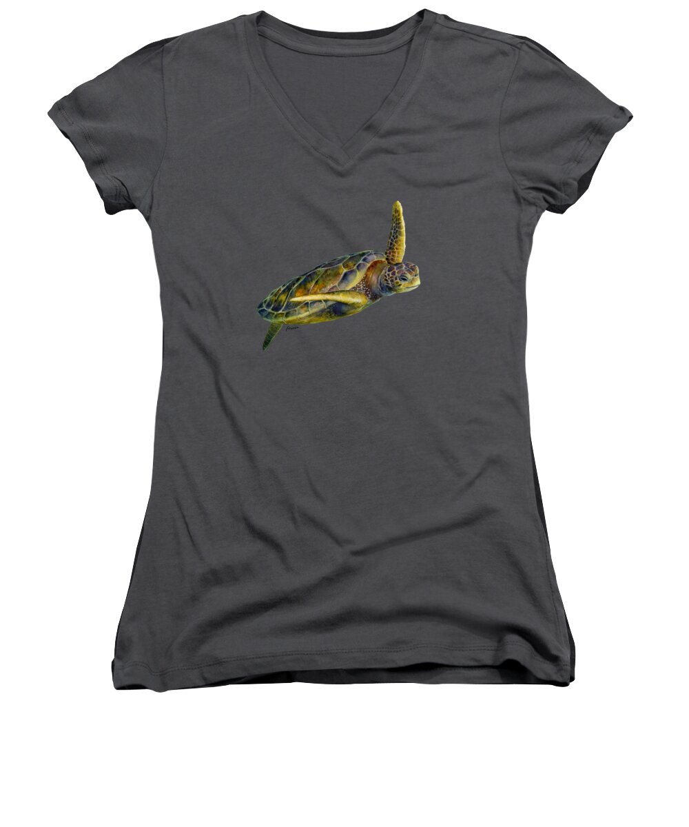 Underwater Women's V-Neck featuring the painting Sea Turtle 2-Solid background by Hailey E Herrera