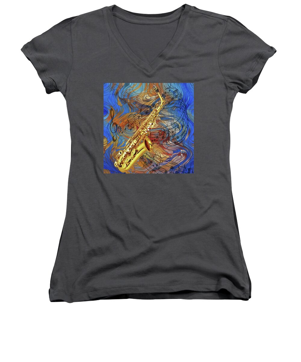 Saxophone Women's V-Neck featuring the painting See The Sound Series by Jack Zulli