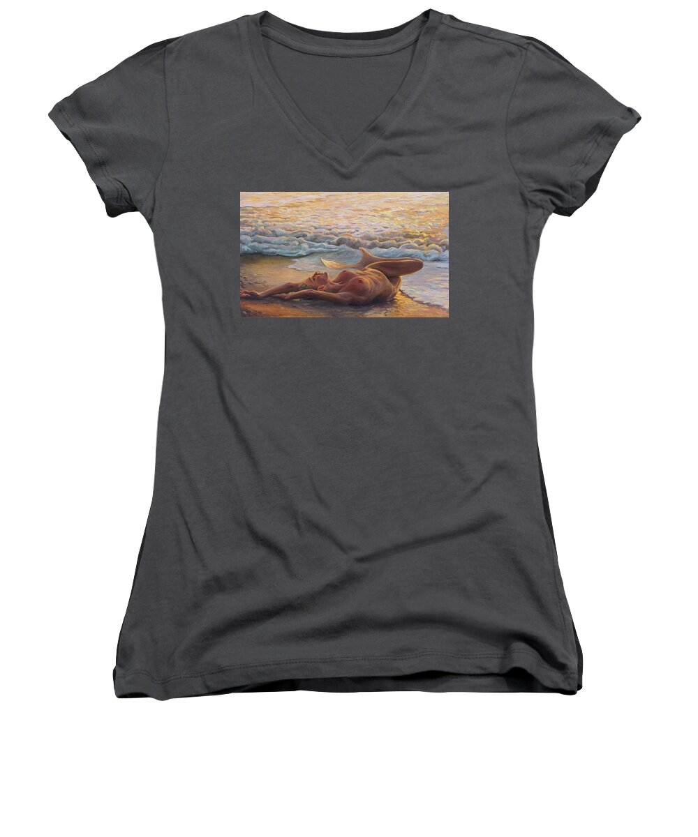 Mermaid Women's V-Neck featuring the painting Shining In The Sunset by Marco Busoni