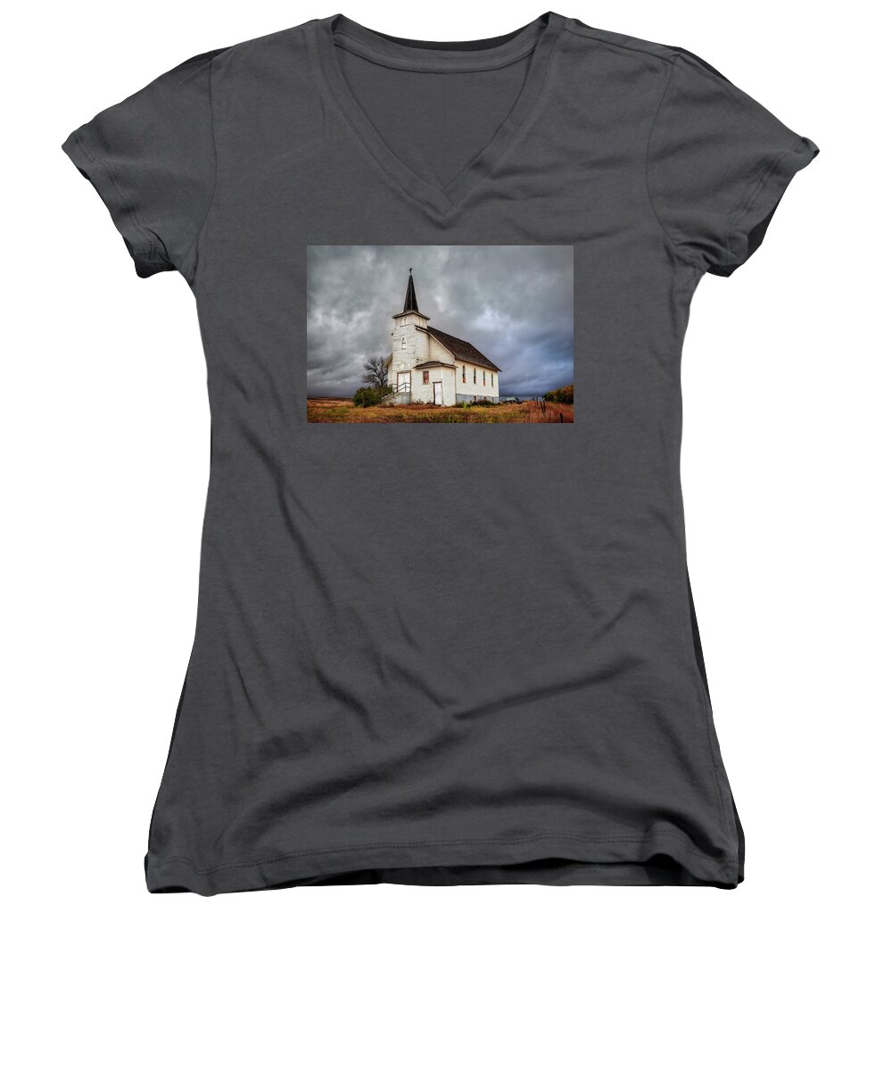 Abandoned Women's V-Neck featuring the photograph Shuttered Church in Cartwright North Dakota by Harriet Feagin
