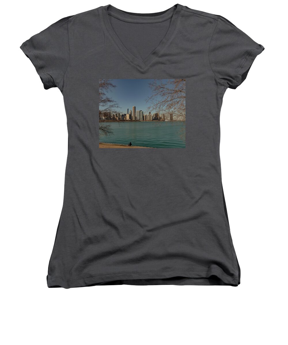 Shedd Aquarium Women's V-Neck featuring the photograph Sitting on a Summer Day by Laura Hedien