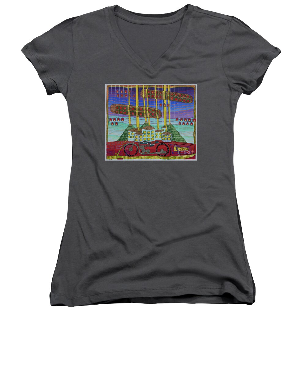 3d Women's V-Neck featuring the painting Sky Boats Over Future Mars GT750 by Jesse Jackson Brown