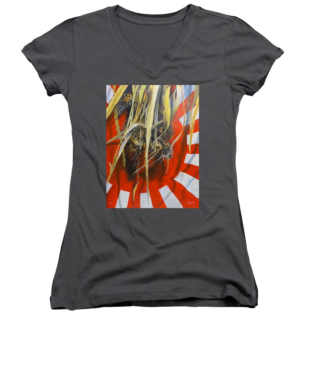 Japanese Flag Women's V-Neck featuring the painting Sleep by William Brody