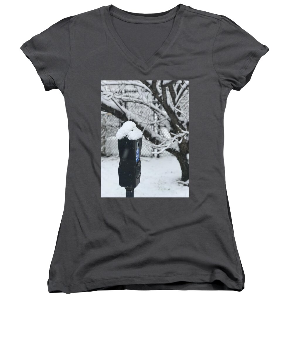 Parking Meter Women's V-Neck featuring the photograph Snow Day by Lora J Wilson