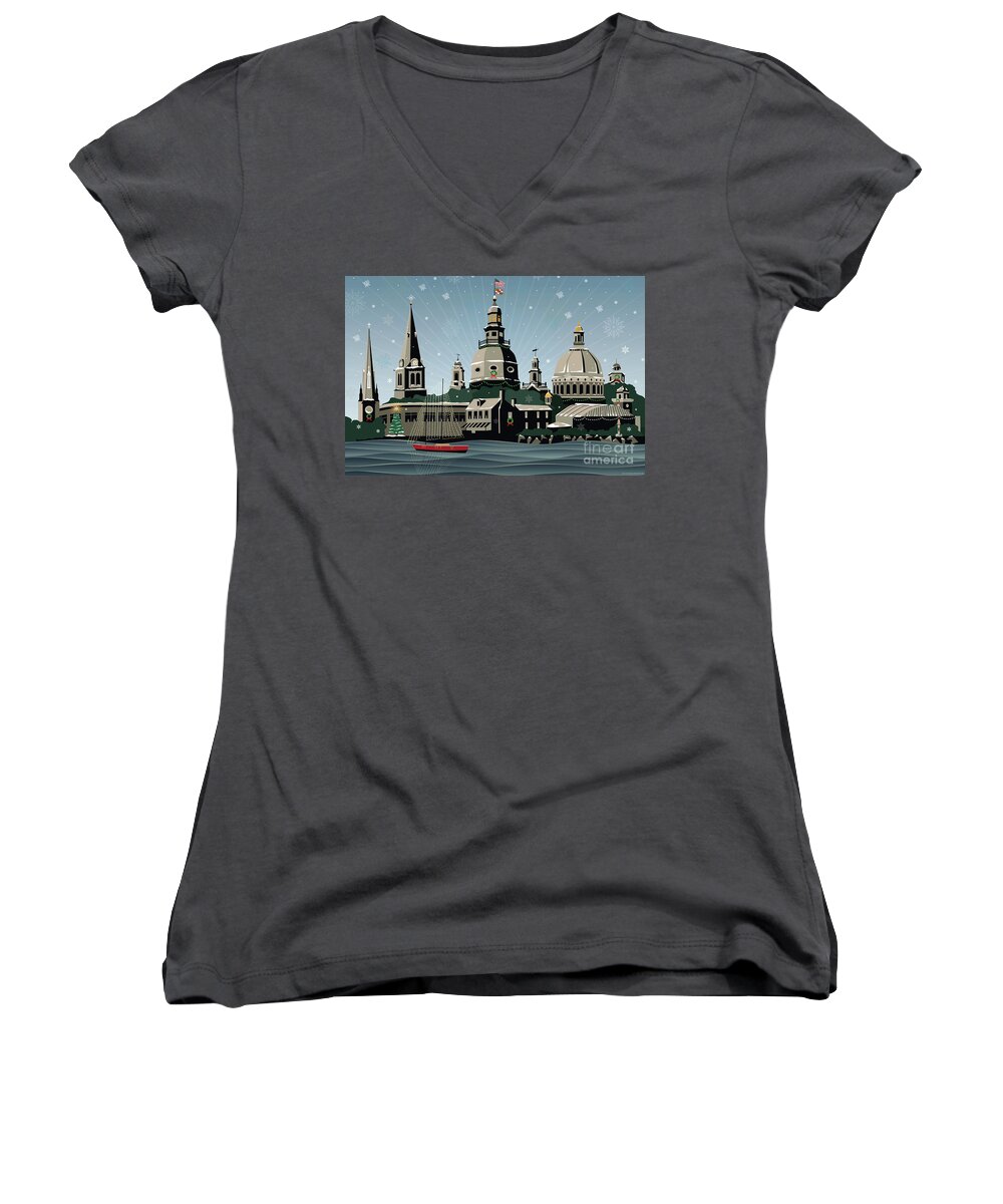 Annapolis Women's V-Neck featuring the digital art Snowy Annapolis Holiday by Joe Barsin