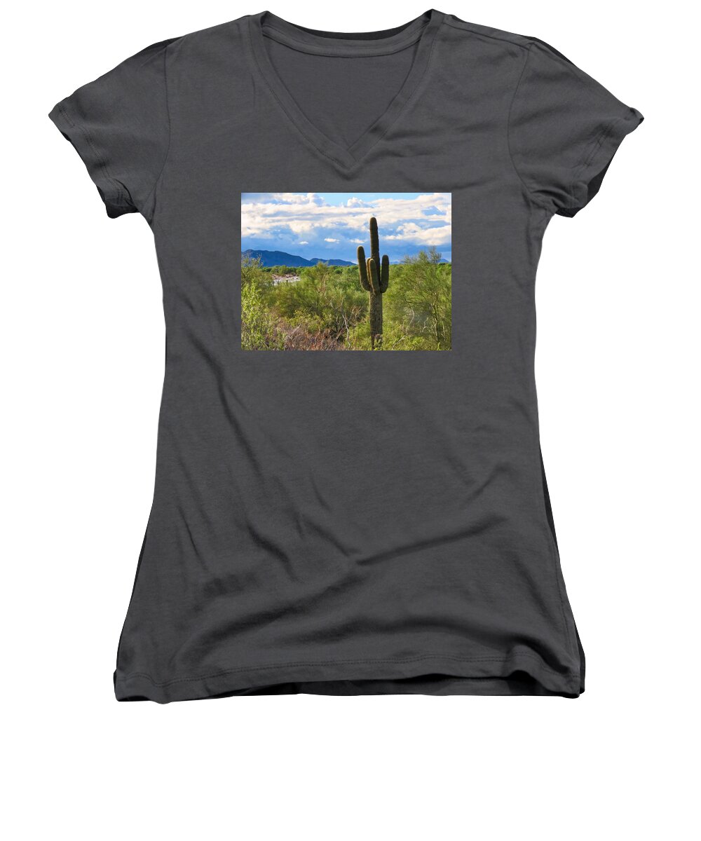Arizona Women's V-Neck featuring the photograph Sonoran Desert Landscape Post-Monsoon by Judy Kennedy