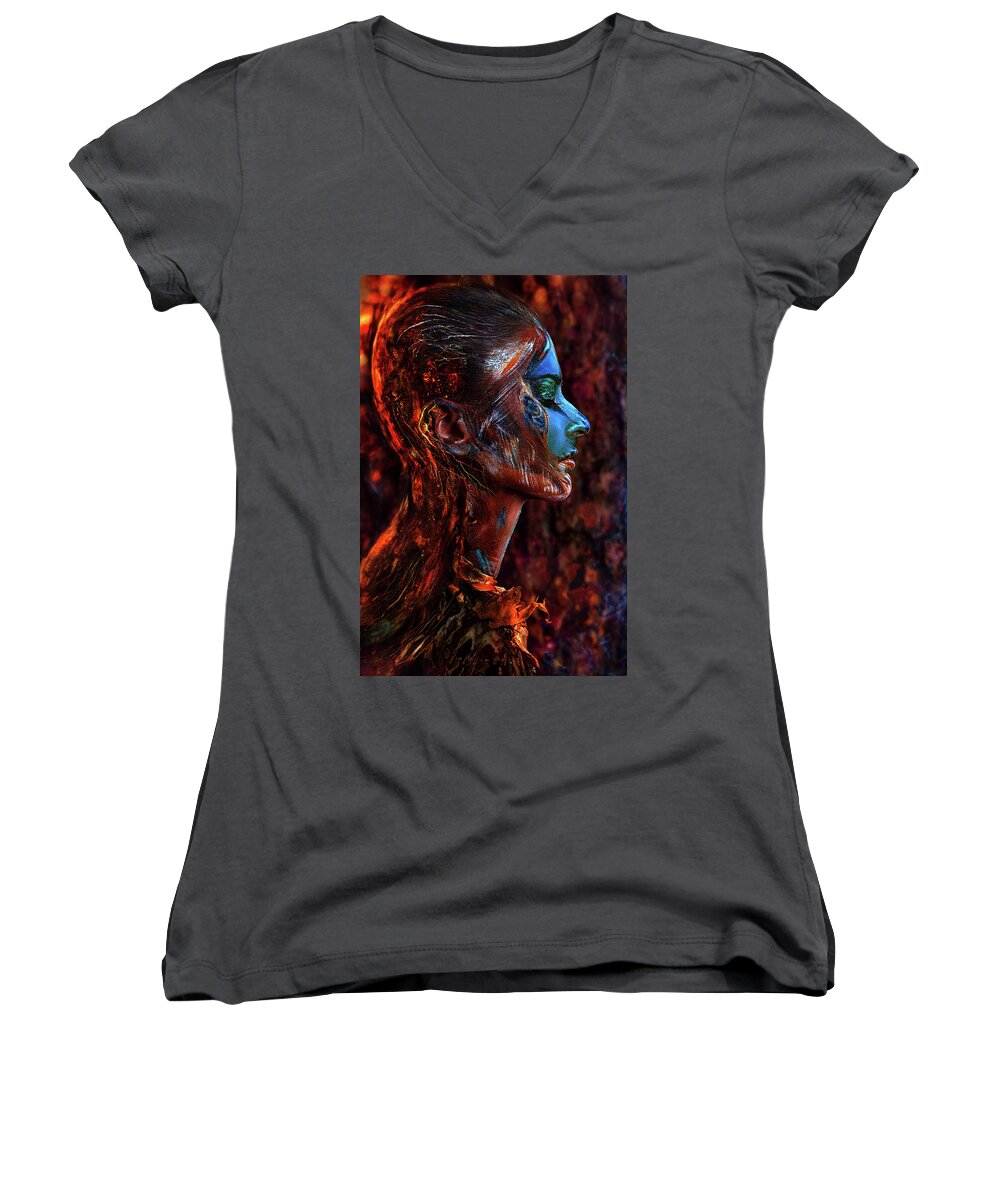 Russian Artists New Wave Women's V-Neck featuring the photograph Spirit of the Woods by Ivan Kovalev