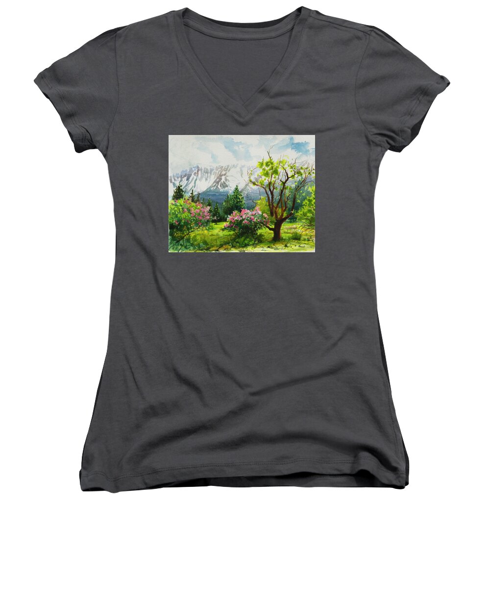 Landscape Women's V-Neck featuring the painting Spring in the Wallowas by Steve Henderson