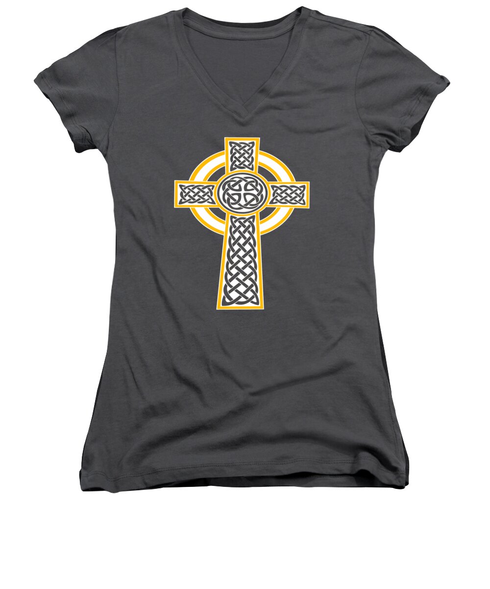 Celtic Cross Women's V-Neck featuring the digital art St Patrick's Day Celtic Cross White And Orange by Taiche Acrylic Art