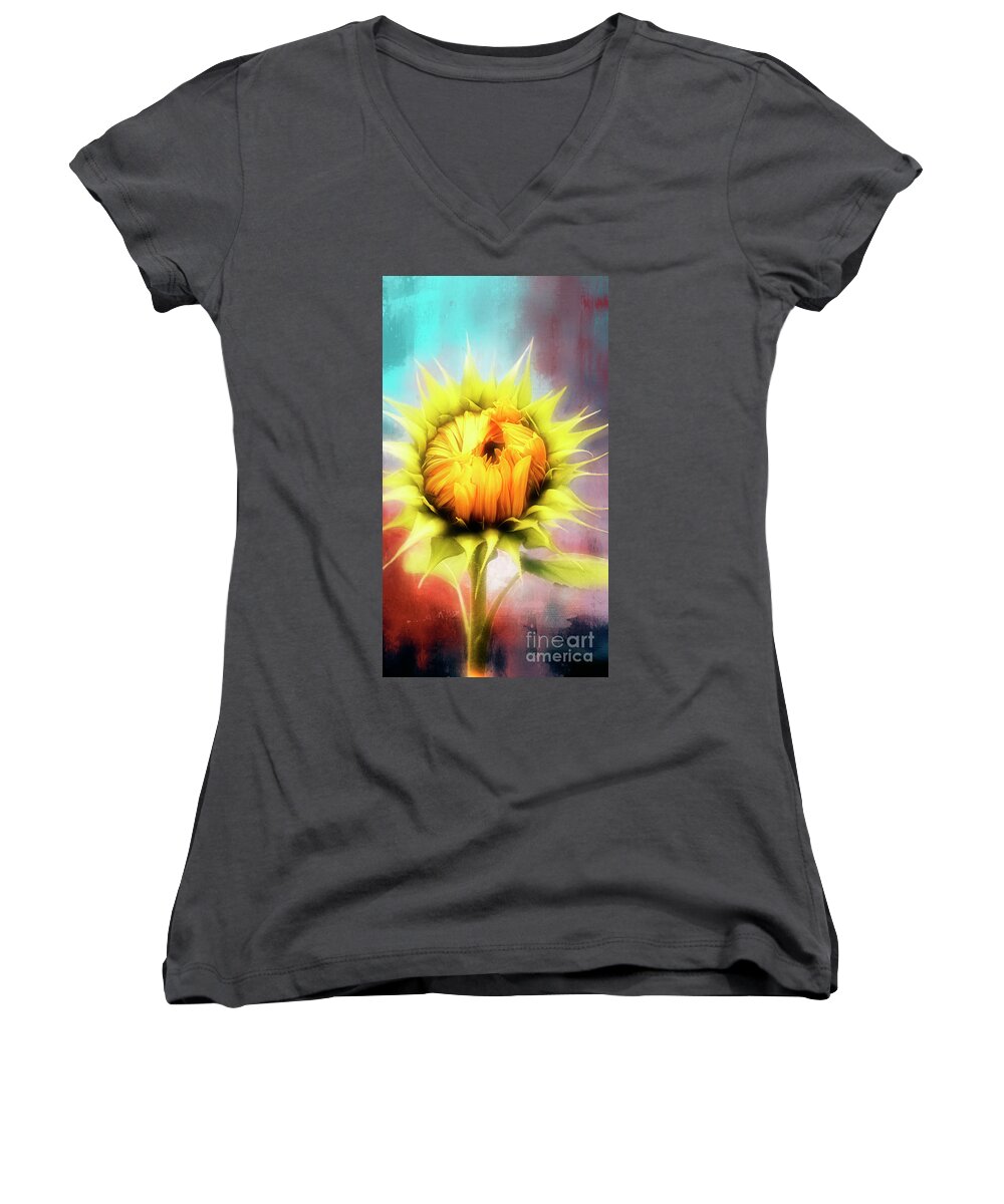 Sunflower Women's V-Neck featuring the digital art Sunflower Kisses by Janie Johnson