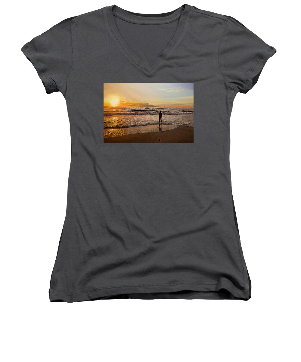 Seascape Women's V-Neck featuring the painting Sunrise at Ormond Beach by Kenneth Young