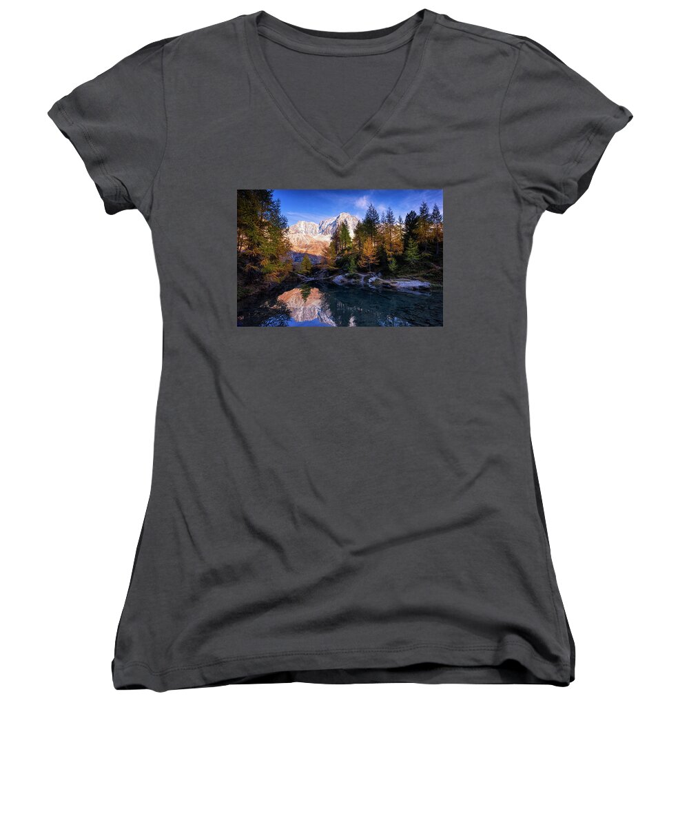 Reflections Women's V-Neck featuring the photograph Sweet autumn reflections by Dominique Dubied