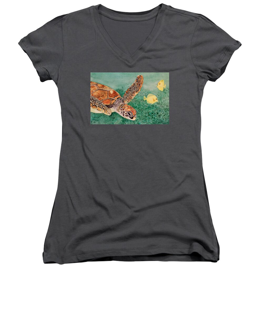 Sea Turtle Women's V-Neck featuring the painting Tanging Around by Sonja Jones