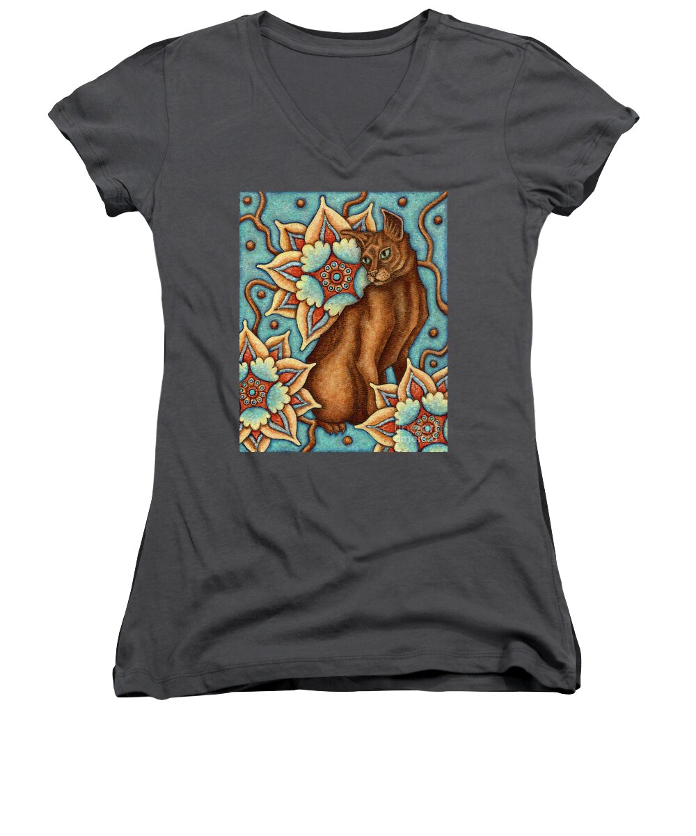 Cat Women's V-Neck featuring the painting Tapestry Cat by Amy E Fraser