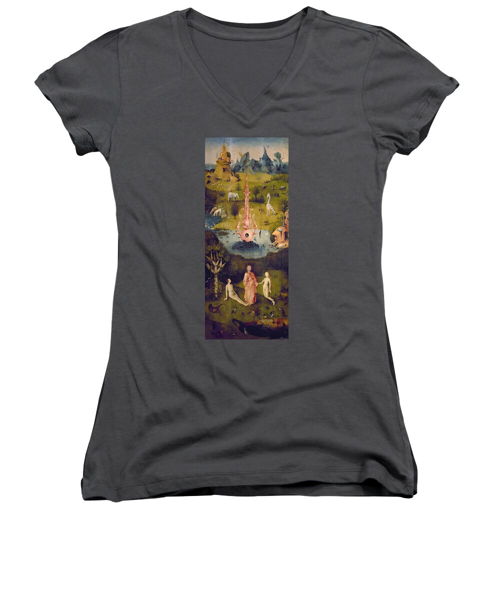 Adam Women's V-Neck featuring the painting 'The Garden of Earthly Delights' -left panel-, 1500-1505, Oil on panel, 220 cm x 97 cm, P02823. EVE. by Hieronymus Bosch -c 1450-1516-