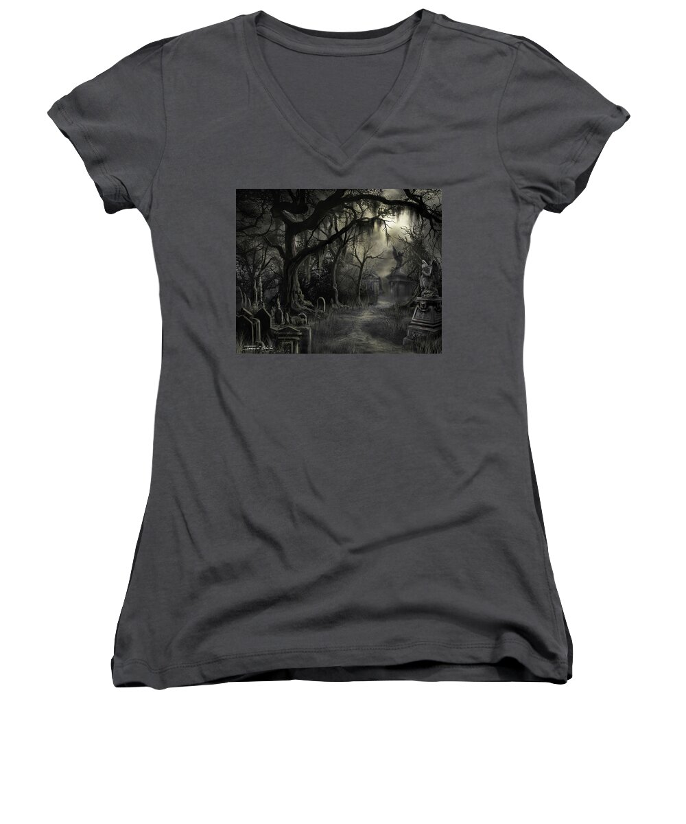 Cemetery Women's V-Neck featuring the painting The Lost Cemetery by James Hill