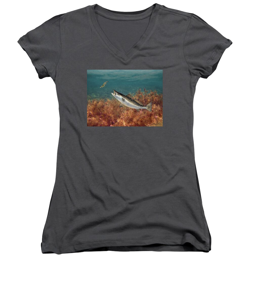 Fish Women's V-Neck featuring the digital art The Spotted Seatrout by M Spadecaller