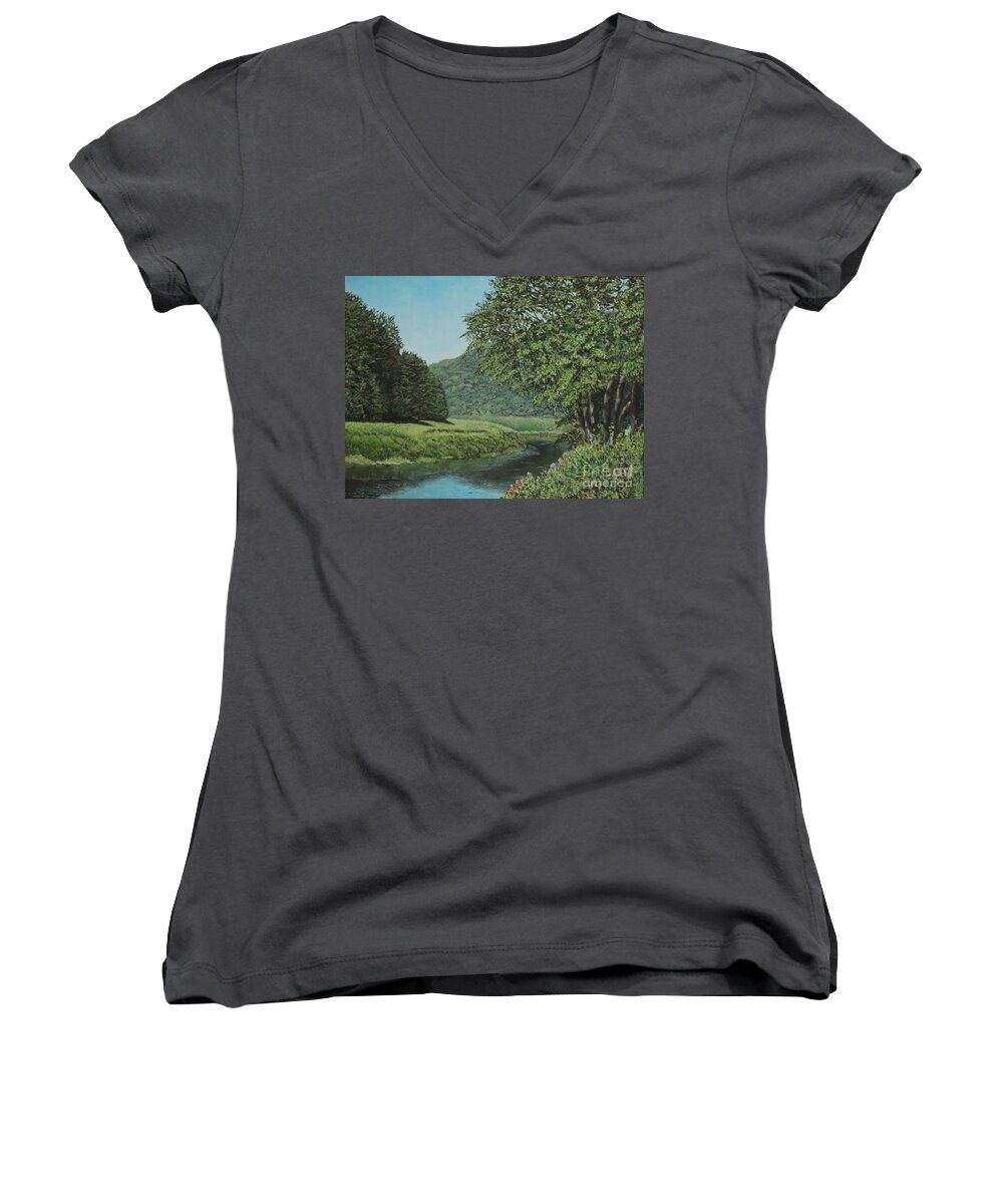 Sky Women's V-Neck featuring the painting The Wye river of Wales by Bob Williams