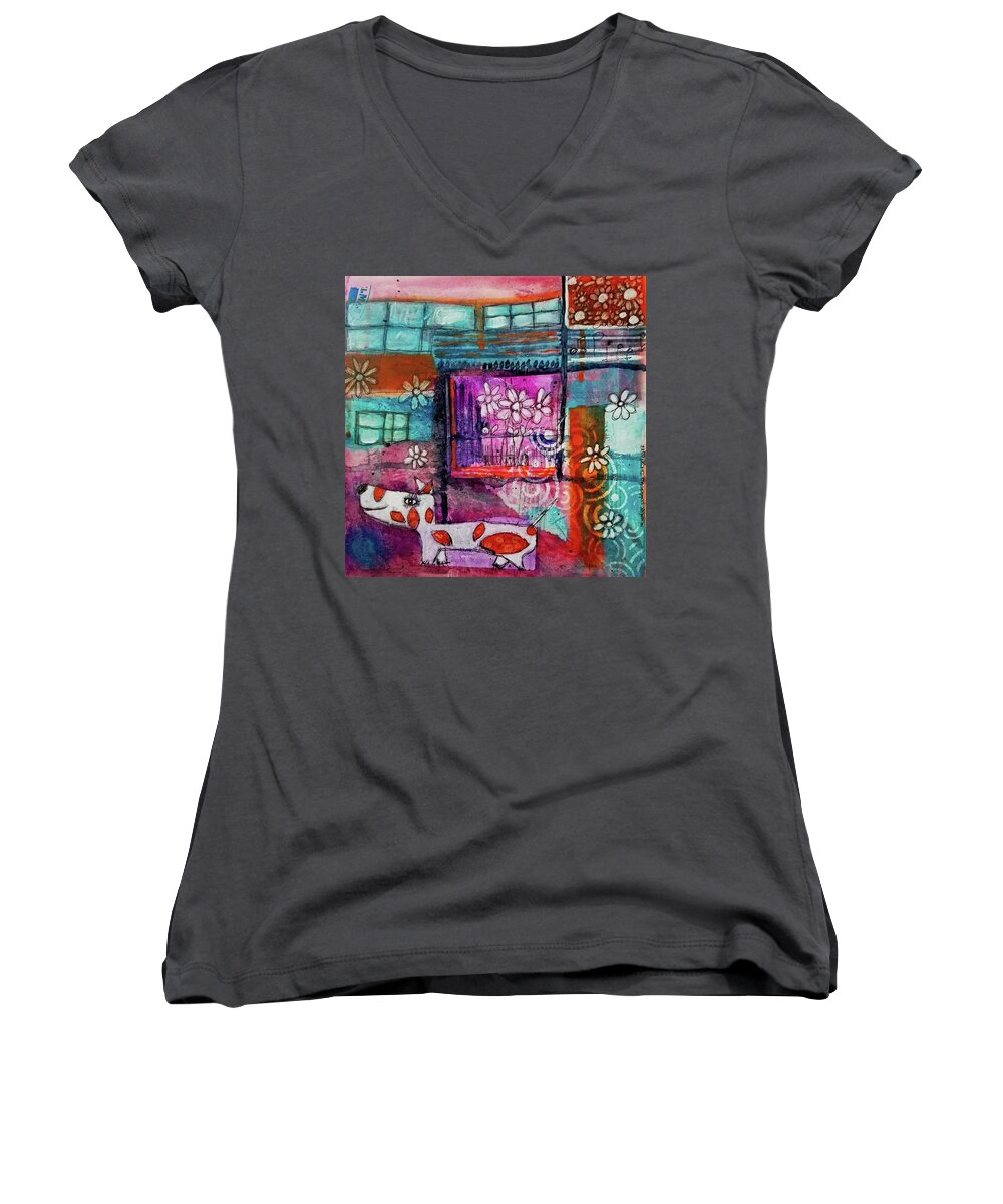 Dog Women's V-Neck featuring the mixed media Thinking Happy Thoughts by Mimulux Patricia No