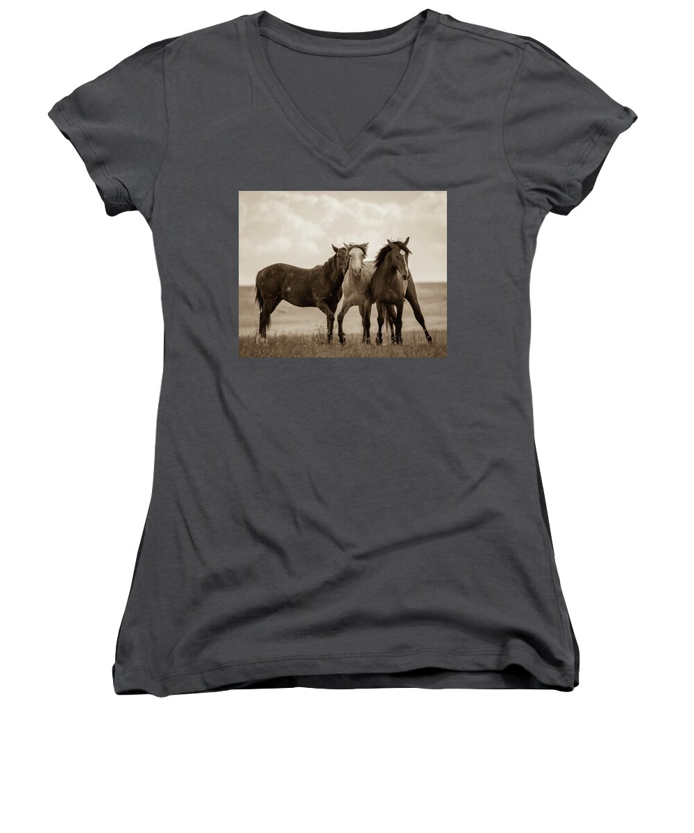 Wild Horses Women's V-Neck featuring the photograph Three Amigos by Mary Hone