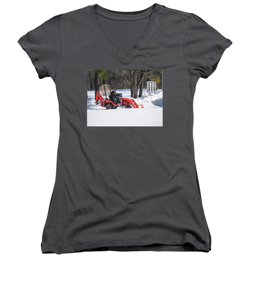 Tractor Cleaning Snow Women's V-Neck featuring the painting Tractor cleaning snow 4 by Jeelan Clark