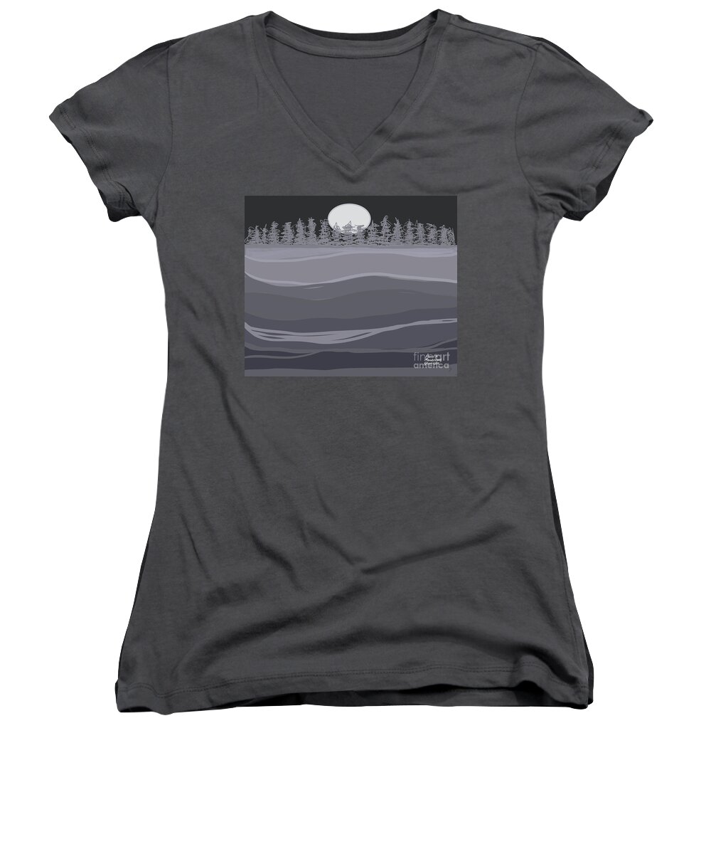 Tranquil Landscape Women's V-Neck featuring the digital art Tranquil Landscape Night Sky and Moon by Annette M Stevenson