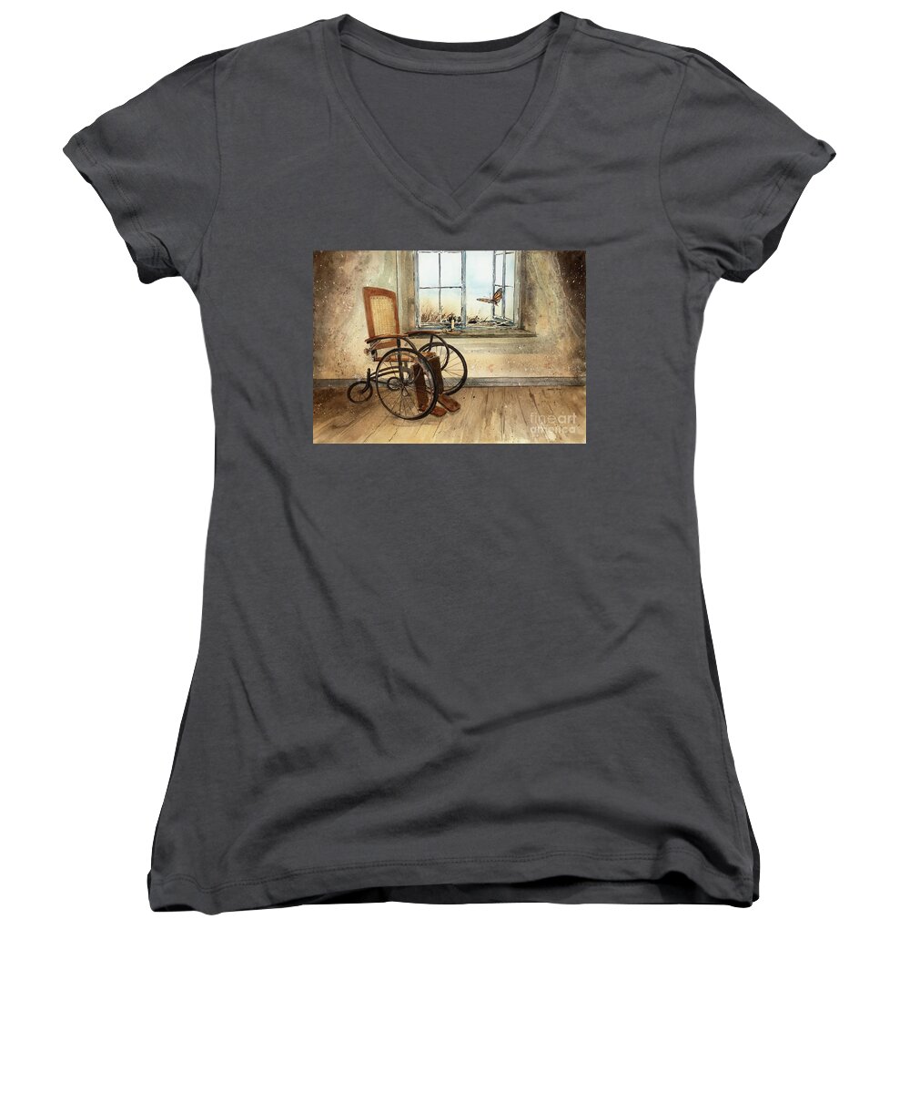 An Antique Empty Wheel Chair Sets By An Open Window As Butterfly Soars Outward. Women's V-Neck featuring the painting Transitioning by Monte Toon