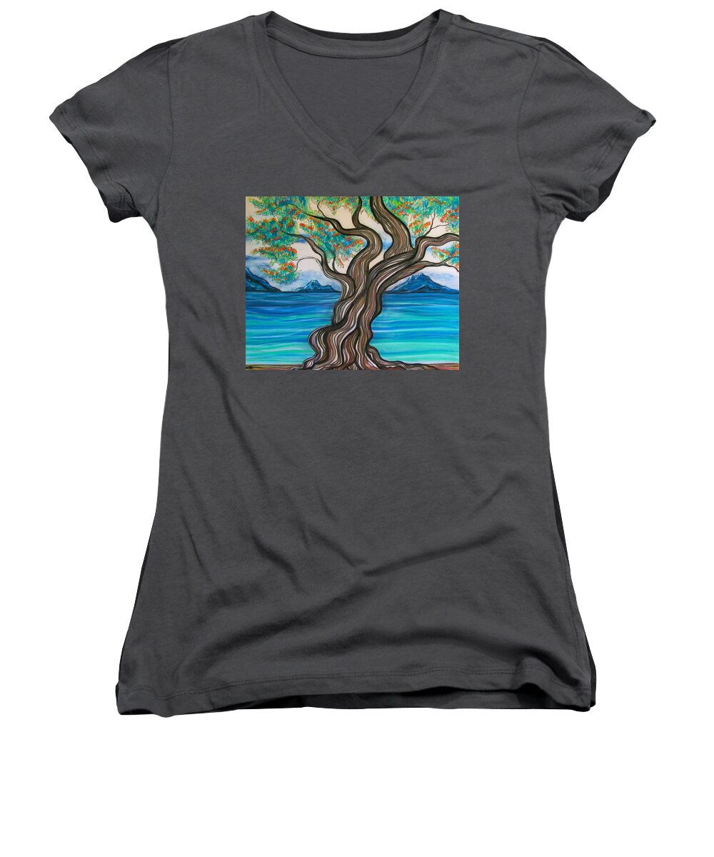 Water View Women's V-Neck featuring the drawing Twisted Tree by Joan Stratton