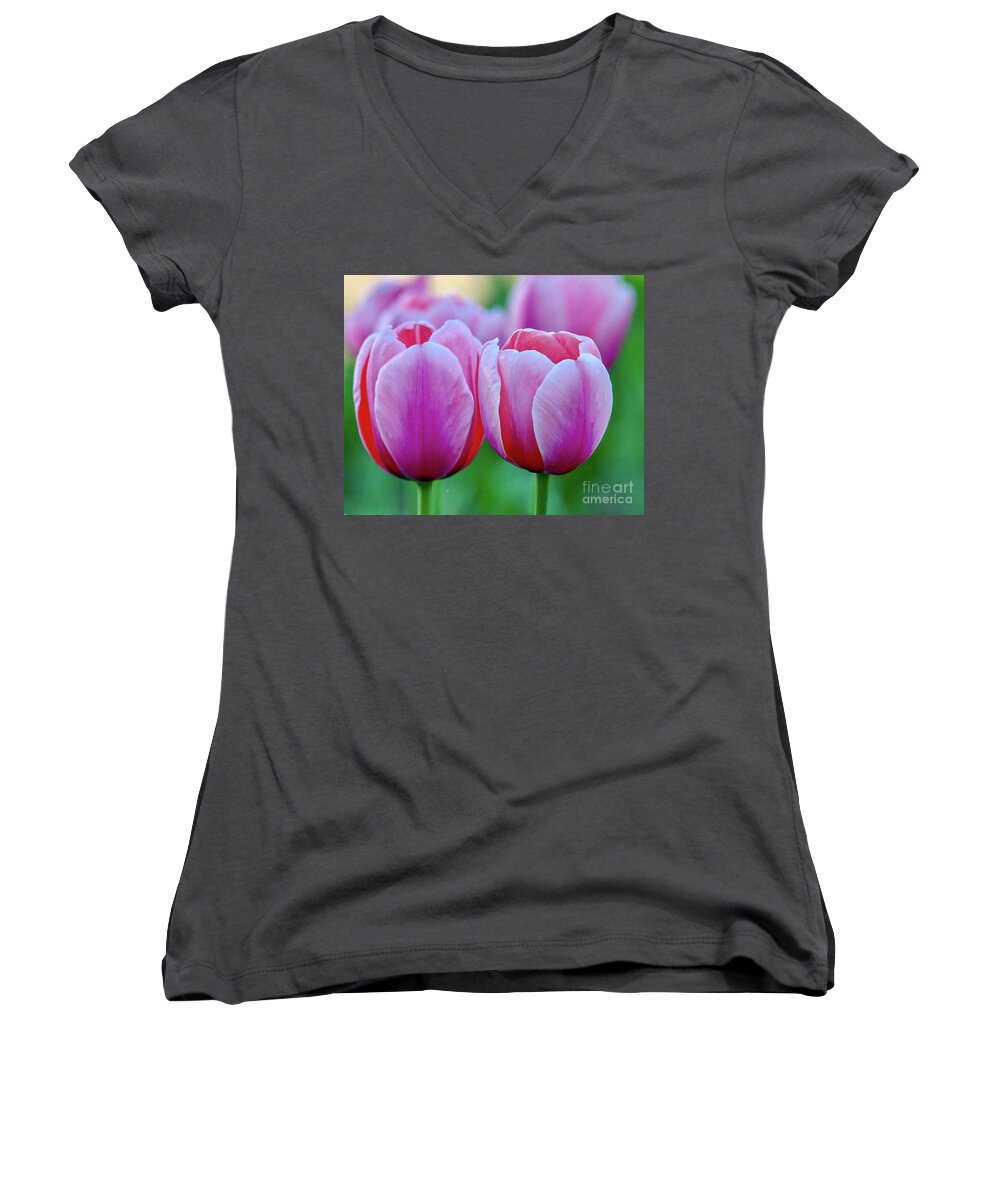 Beautiful Women's V-Neck featuring the photograph Two Tulips by Susan Rydberg