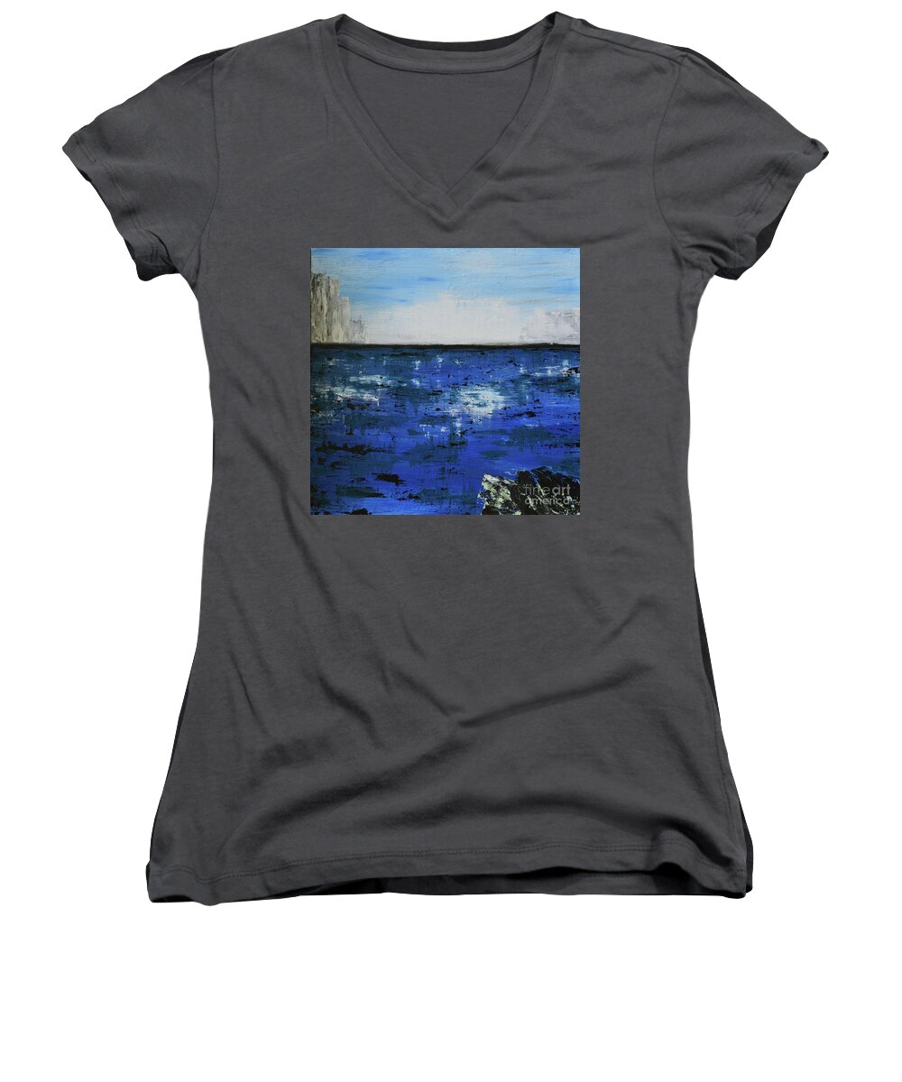Winter Women's V-Neck featuring the painting Untitled Winter Seascape by Alys Caviness-Gober