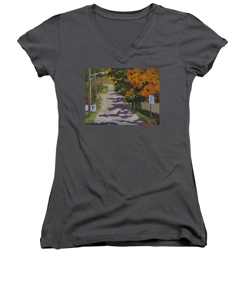 Uphill In Autumn Women's V-Neck featuring the painting Uphill in Autumn by Bill Tomsa