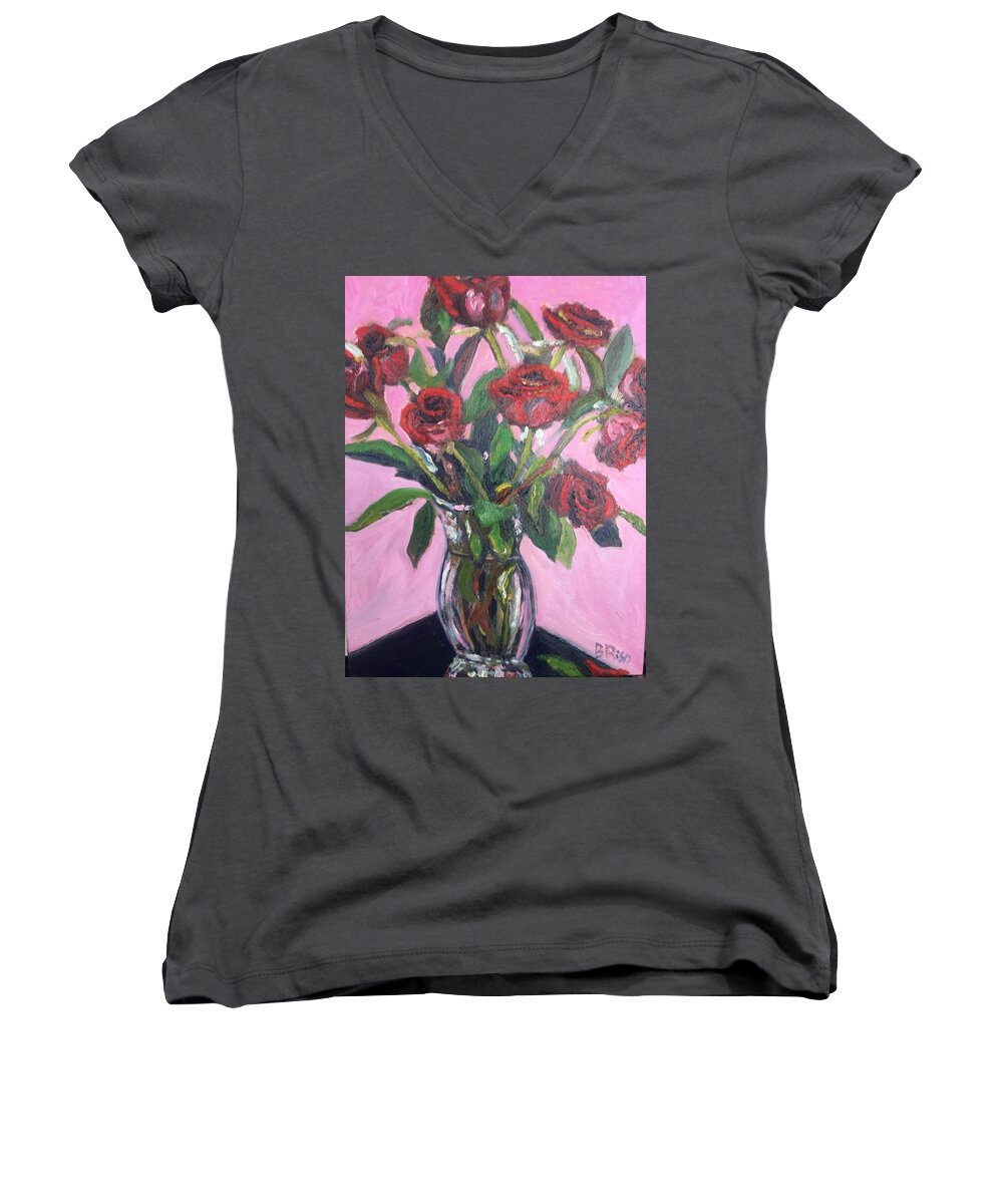 Roses. Still Life Women's V-Neck featuring the painting Valentine Roses by Beth Riso