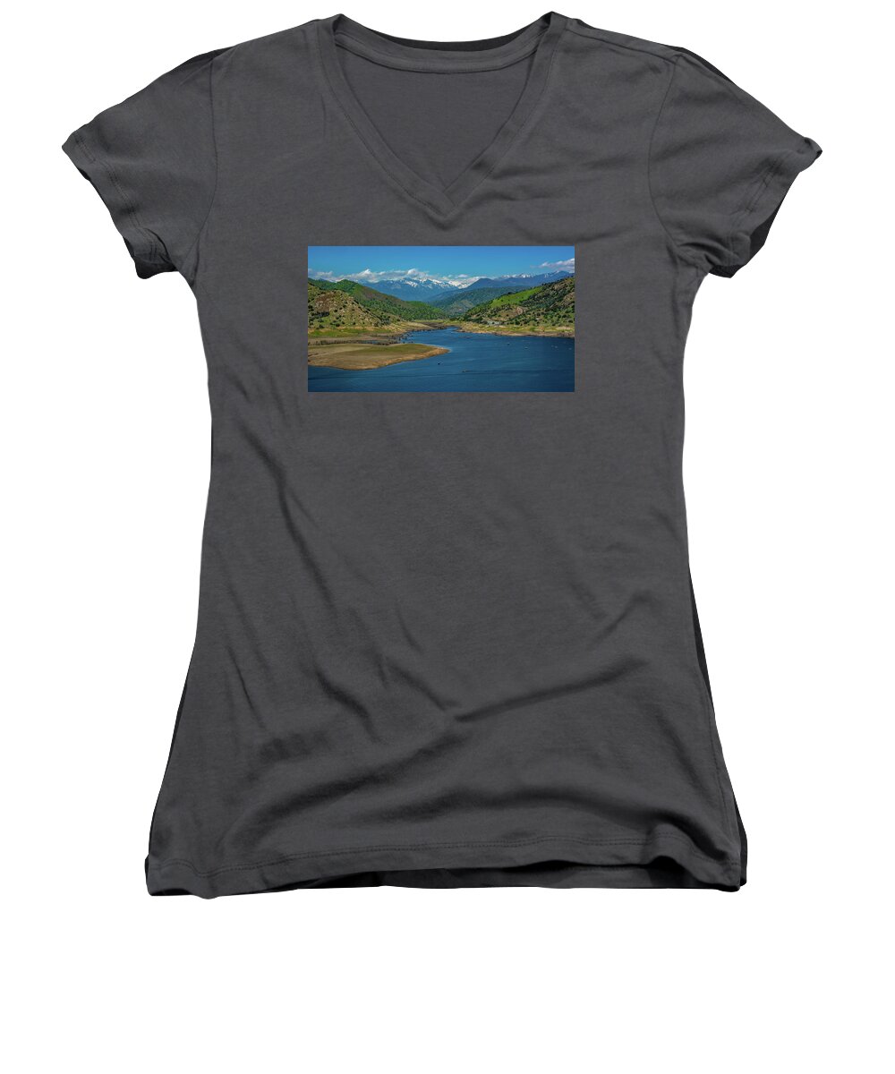 California Women's V-Neck featuring the photograph Lake Kaweah by Marcy Wielfaert