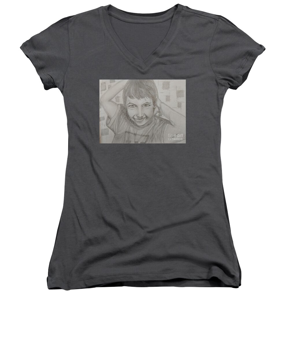 Drawing Women's V-Neck featuring the drawing Vers10818 by Myrtle Joy