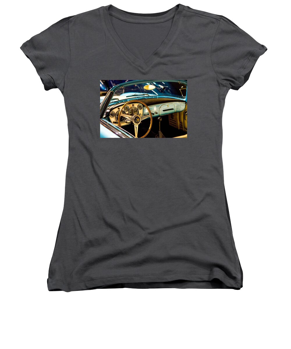 Photo Women's V-Neck featuring the photograph Vintage blue car by Top Wallpapers