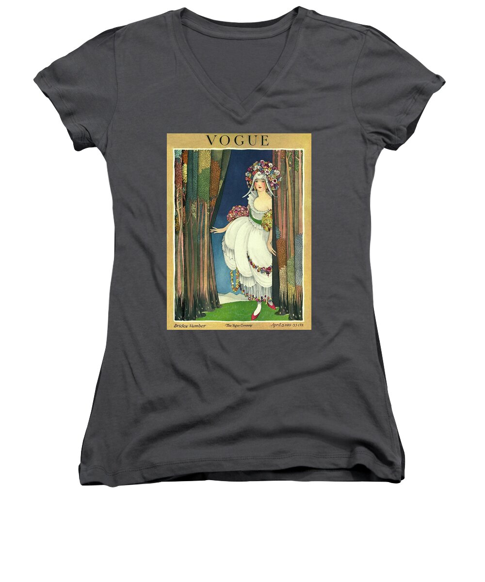 #new2022vogue Women's V-Neck featuring the painting Vintage Vogue Cover Of A Bride With Floral by George Wolfe Plank