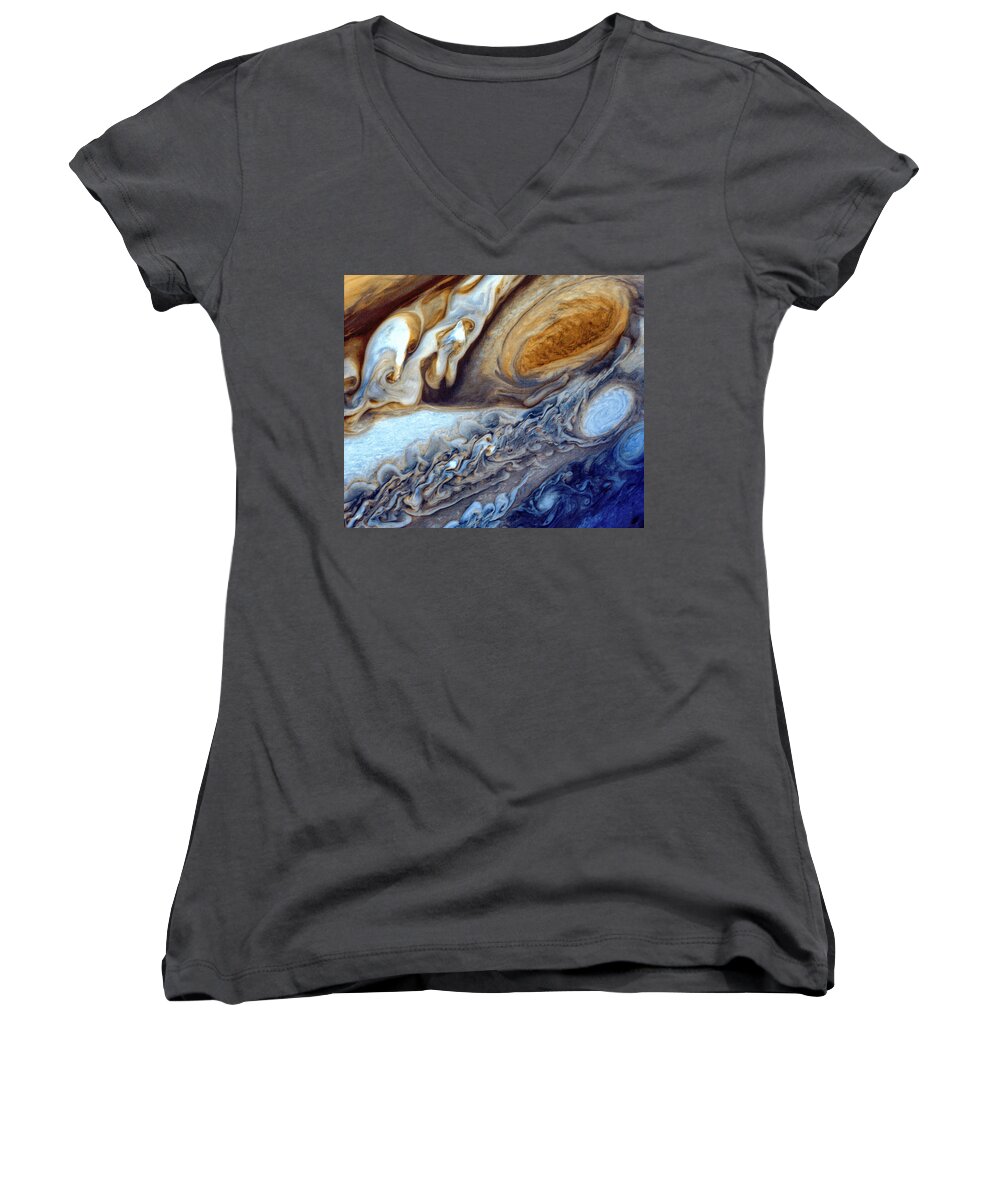 Jupiter Women's V-Neck featuring the photograph Voyager 1's Beautiful Capture of Jupiter's Great Red Spot by Eric Glaser