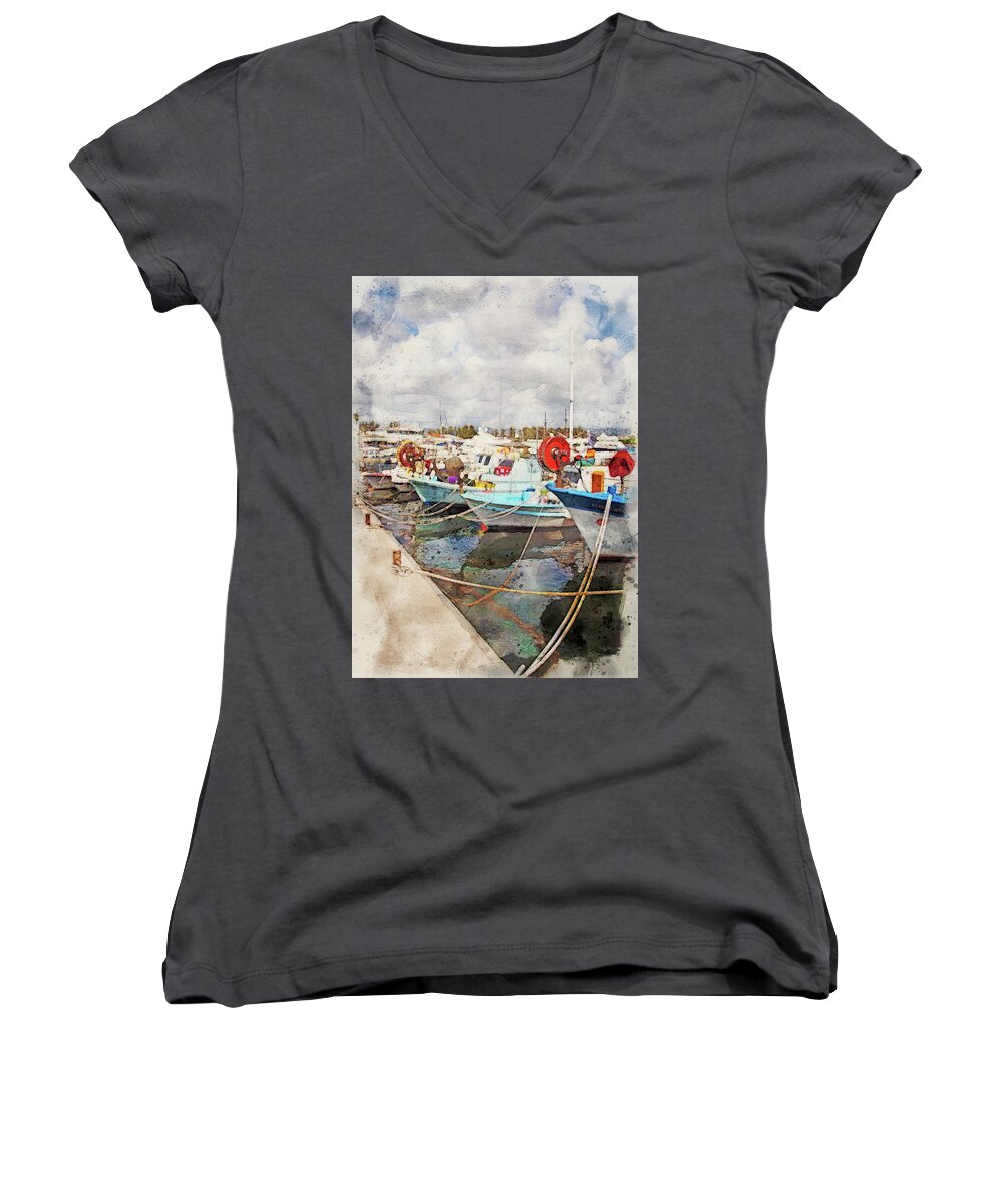 Boat Women's V-Neck featuring the painting Watercolor Painting Of Colourful Traditional Fishing Boats Moore by Philip Openshaw