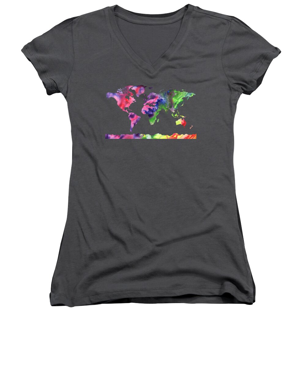 Purple Women's V-Neck featuring the painting Watercolor Silhouette World Map Colorful PNG XI by Irina Sztukowski