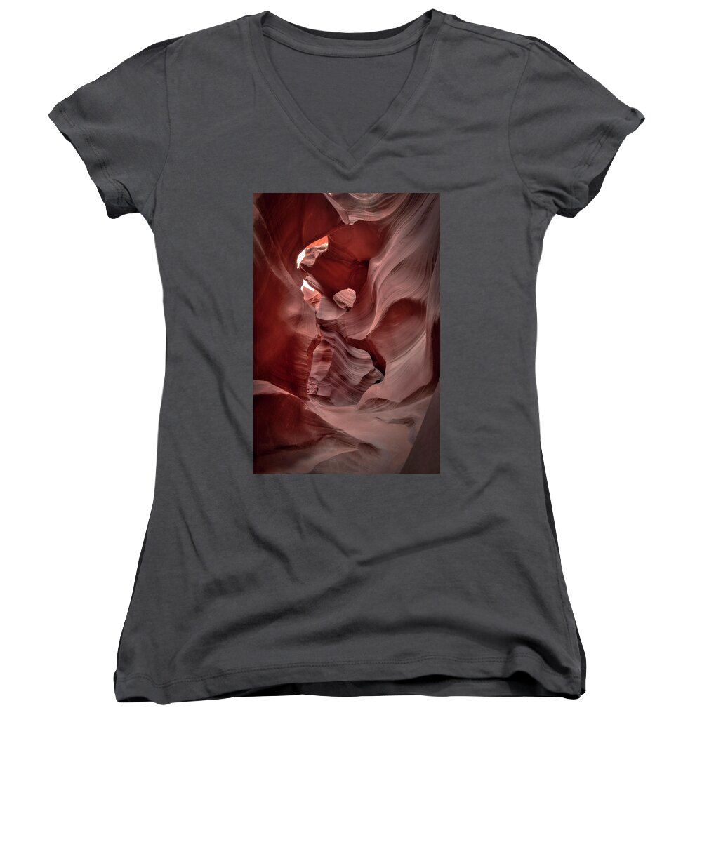 Lower Antelope Canyon Women's V-Neck featuring the photograph Waves and Curls by Laura Hedien