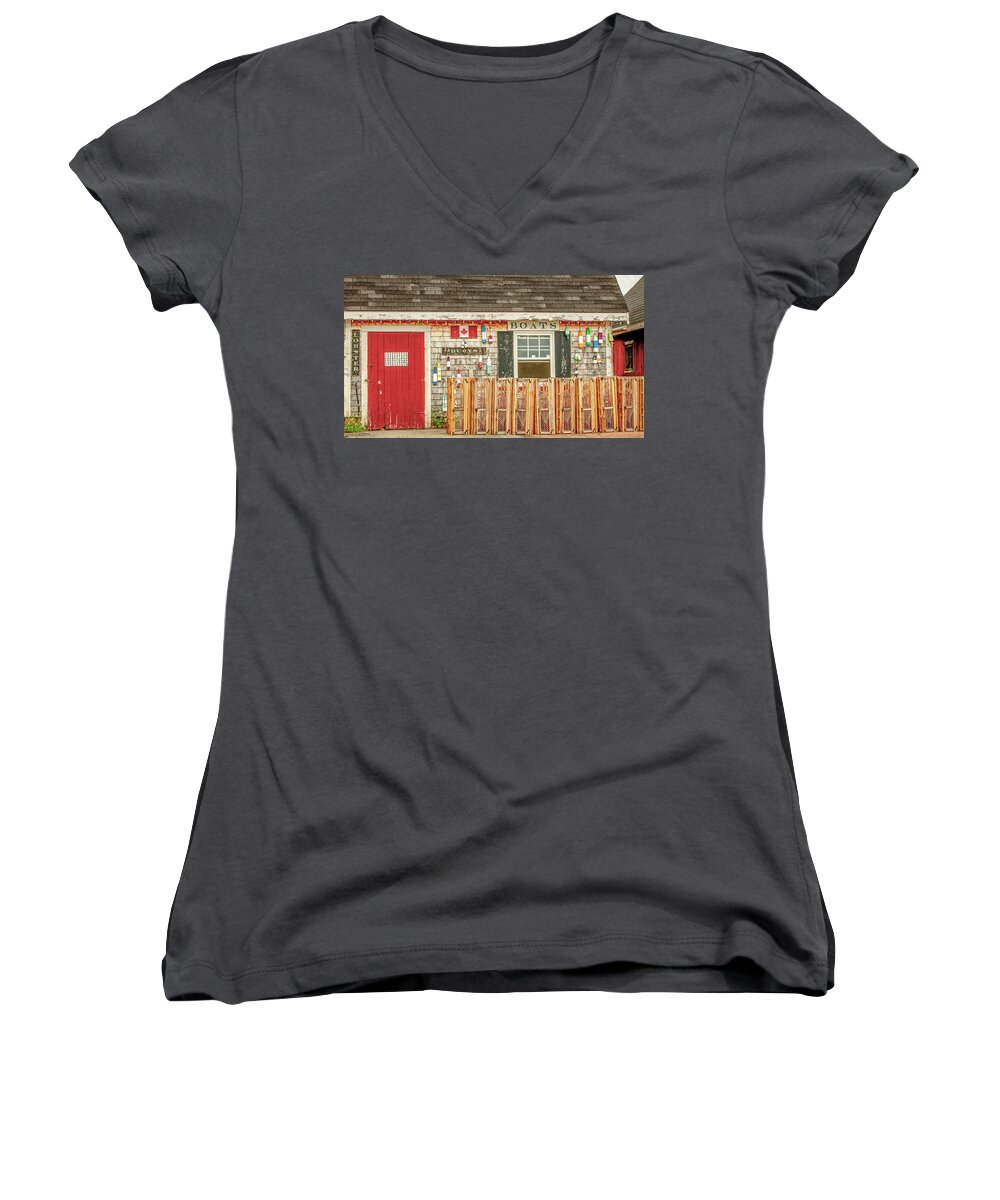 Pei Women's V-Neck featuring the photograph Wharf Side by Marcy Wielfaert