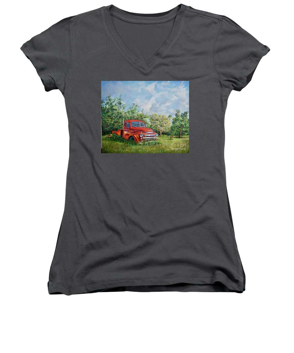 Tropical Trail Women's V-Neck featuring the painting Where Are They? by AnnaJo Vahle