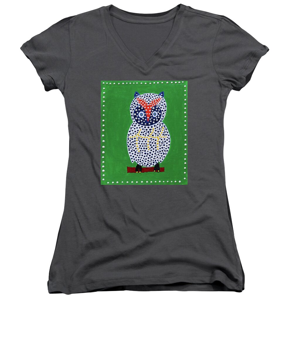 Owl Women's V-Neck featuring the painting Who by Deborah Boyd