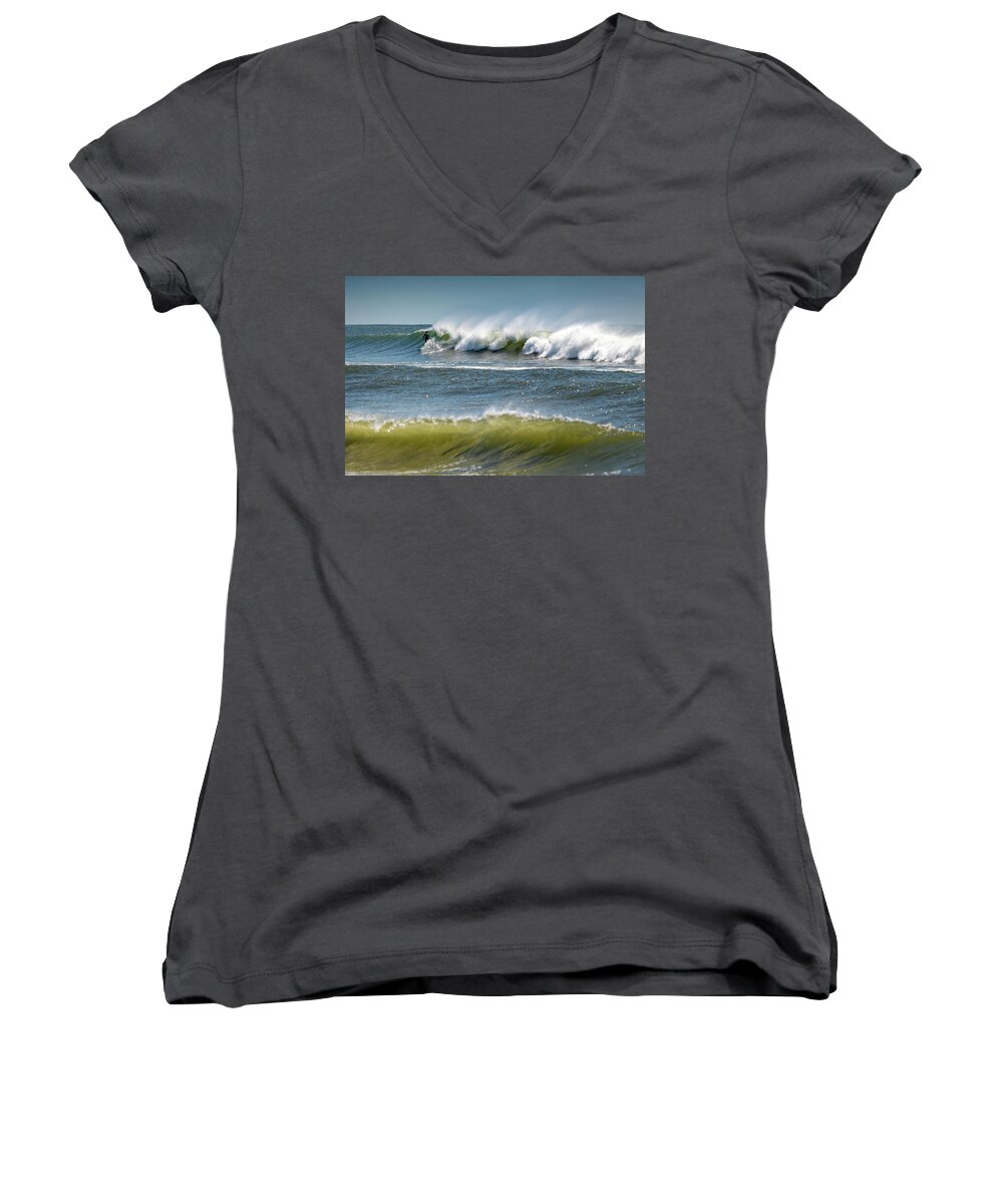 Beach Women's V-Neck featuring the photograph Windy Waves Surfer by John Randazzo