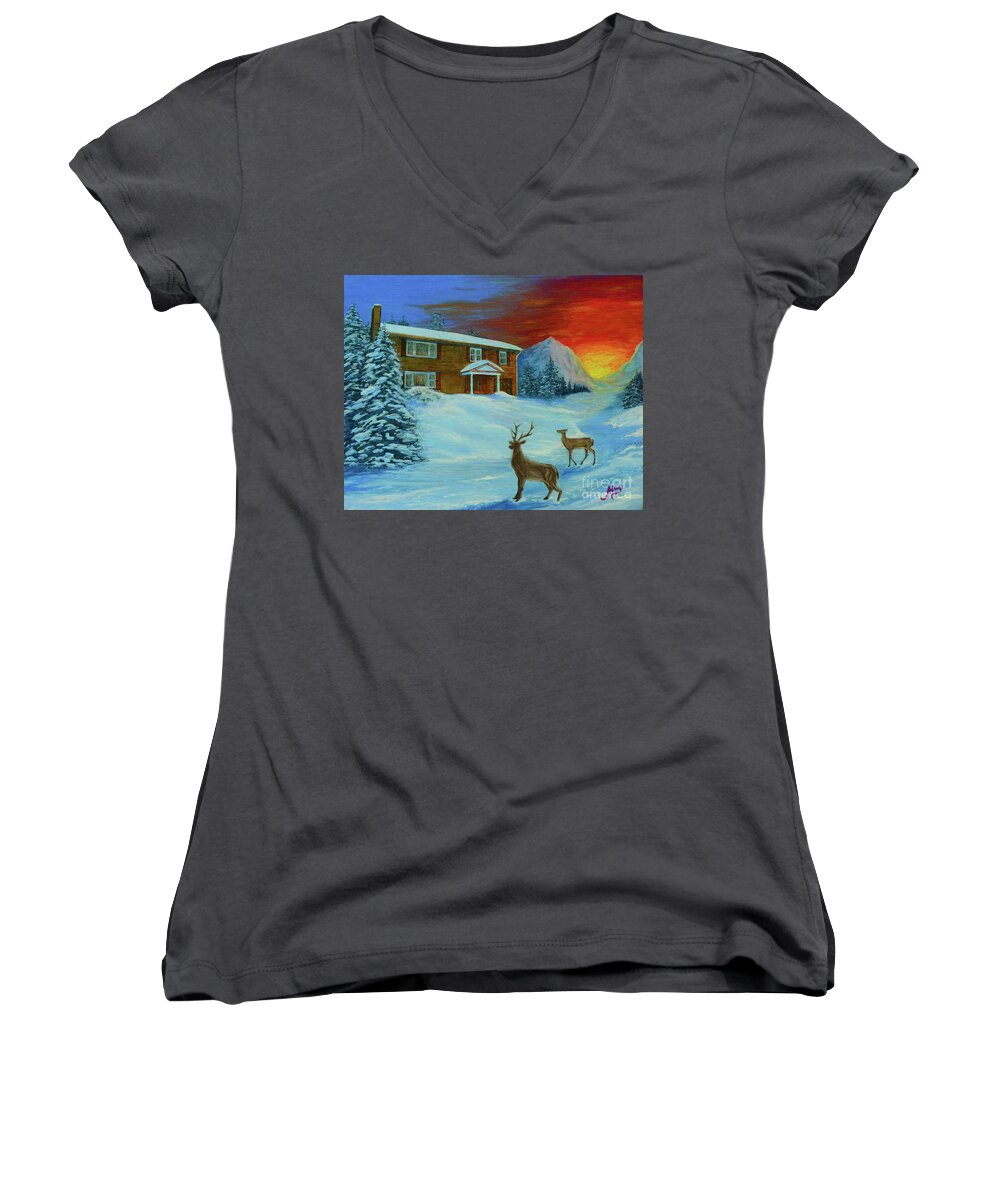Snow Women's V-Neck featuring the painting Winter Sunrise by Aicy Karbstein