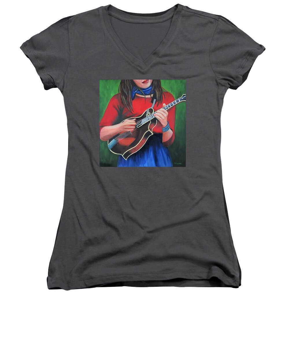 Female Women's V-Neck featuring the painting Wo-mandolin by Jill Ciccone Pike