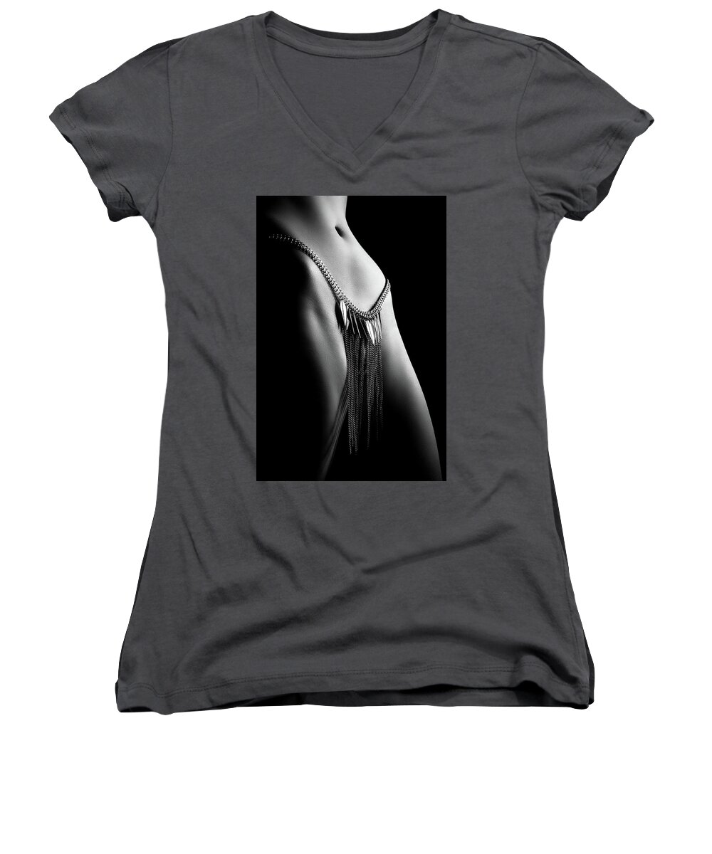 Woman Women's V-Neck featuring the photograph Woman close-up chain panty by Johan Swanepoel